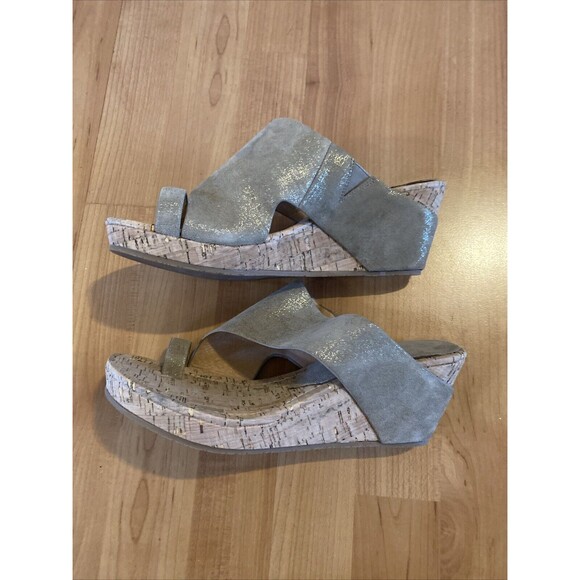 Donald Pliner Gyer Sandals Women's Size 10 Tan Gold Leather Cork Wedge Toe Loop - Picture 3 of 12